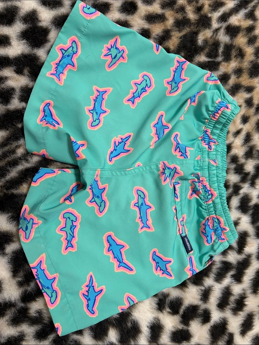chubbies Teal Swim Trunks with Blue & Pink Shark Pattern